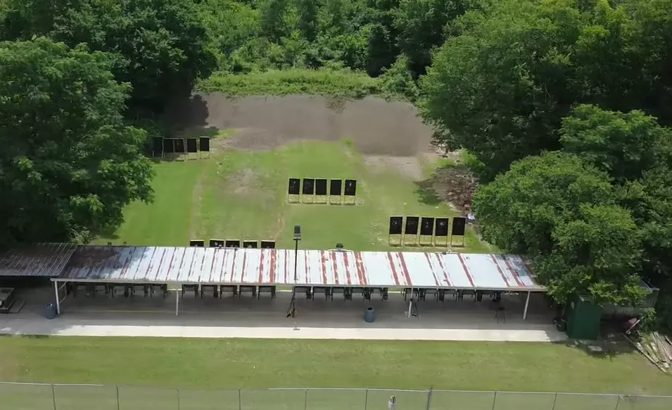Aerial view of the covered outdoor pistol range at Garland Public Shooting Range
